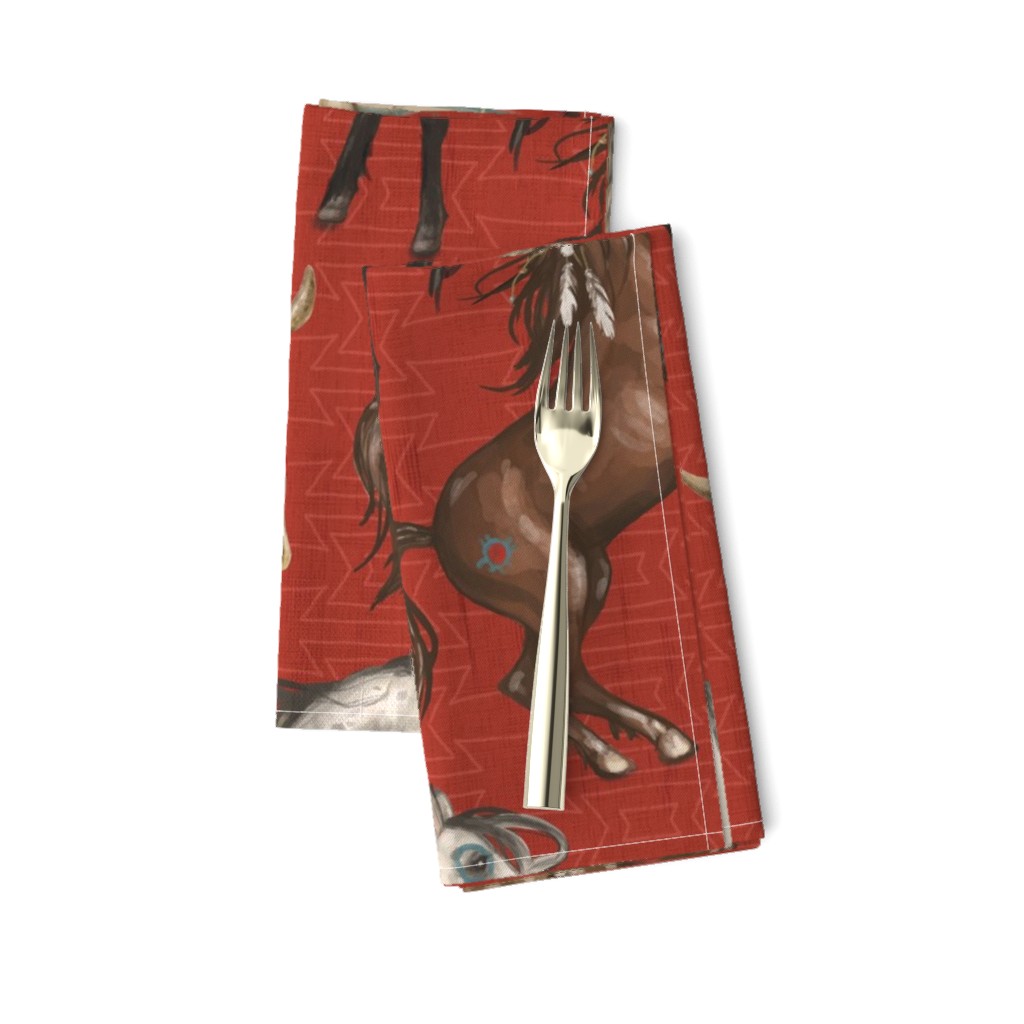 Native American Horses, Indian Ponies, Teepee, wolf, cow skull, arrow, feathers, on Barn Red, Large Scale