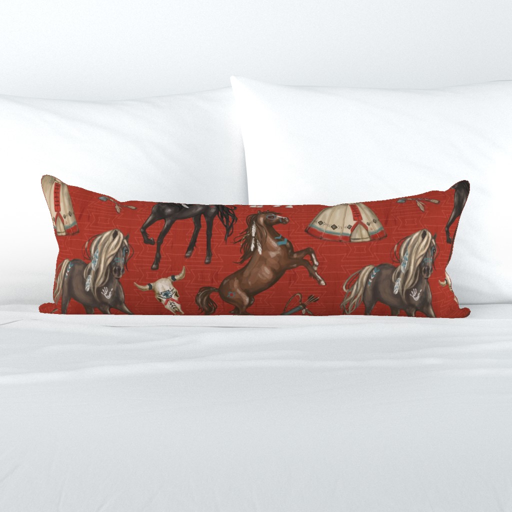 Native American Horses, Indian Ponies, Teepee, wolf, cow skull, arrow, feathers, on Barn Red, Large Scale