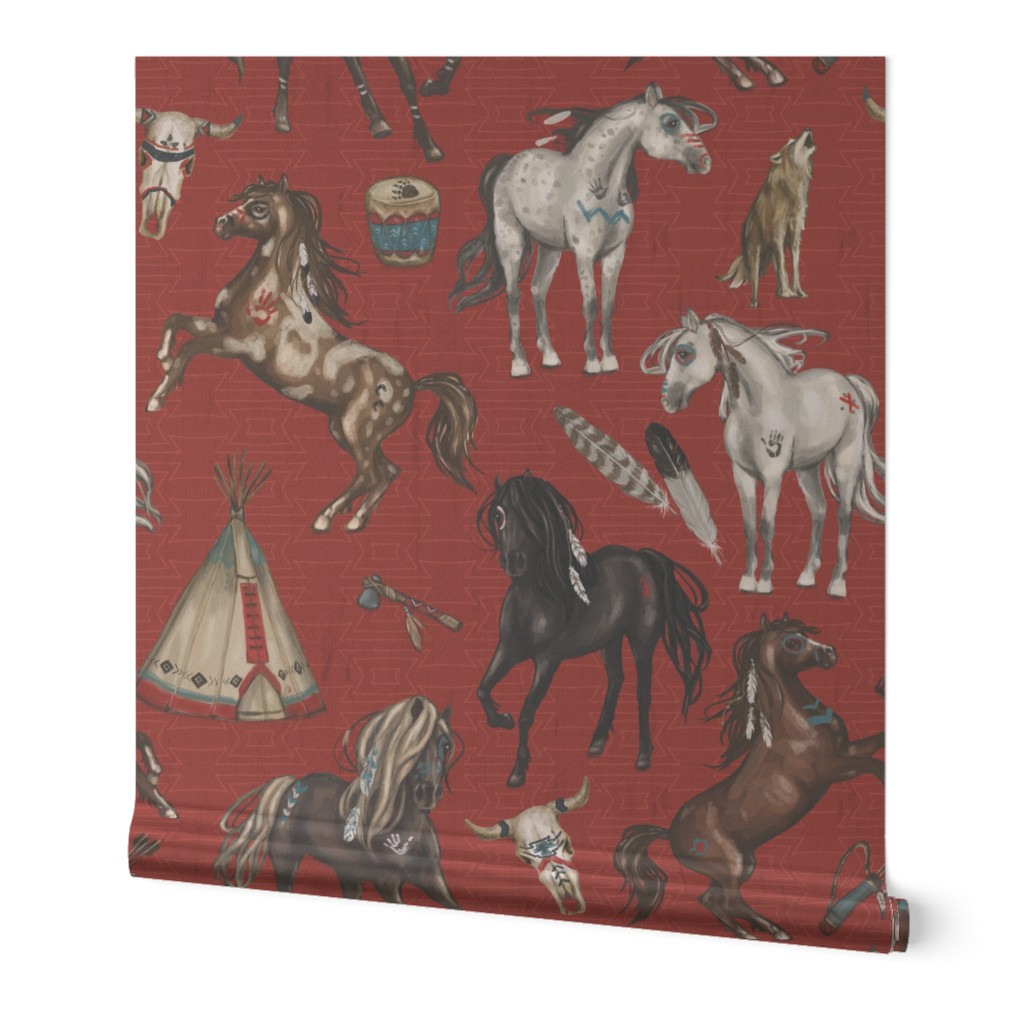 Native American Horses, Indian Ponies, Teepee, wolf, cow skull, arrow, feathers, on Barn Red, Large Scale