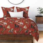 Native American Horses, Indian Ponies, Teepee, wolf, cow skull, arrow, feathers, on Barn Red, Large Scale