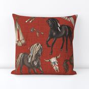 Native American Horses, Indian Ponies, Teepee, wolf, cow skull, arrow, feathers, on Barn Red, Large Scale