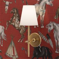 Native American Horses, Indian Ponies, Teepee, wolf, cow skull, arrow, feathers, on Barn Red, Large Scale