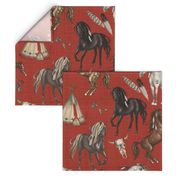 Native American Horses, Indian Ponies, Teepee, wolf, cow skull, arrow, feathers, on Barn Red, Large Scale