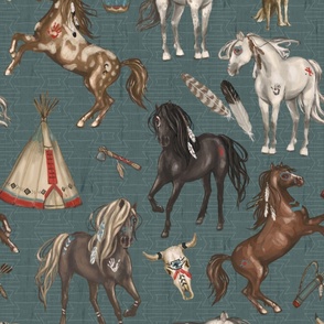 Native American Horses, Indian Ponies, Teepee, wolf, cow skull, arrow, feathers, on Dark Teal Blue, Large Scale