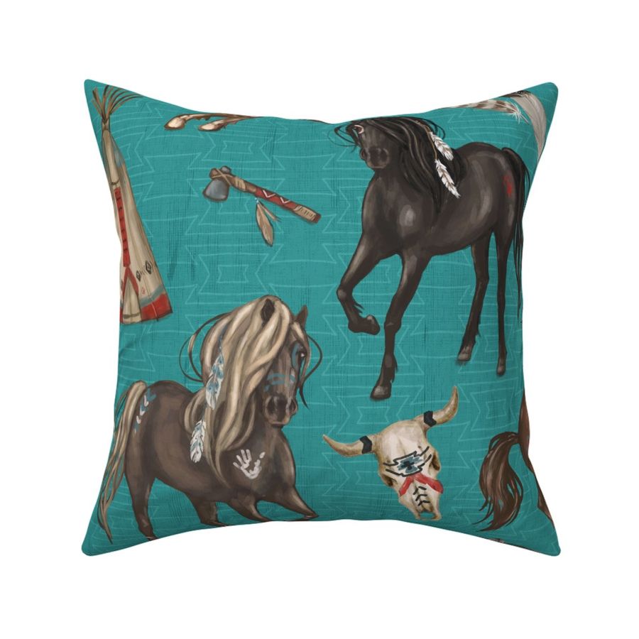 Native American Horses, Indian Ponies, Teepee, wolf, cow skull, arrow, feathers, on Dark Turquoise Blue, Large Scale