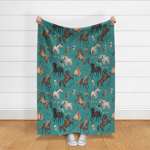 Native American Horses, Indian Ponies, Teepee, wolf, cow skull, arrow, feathers, on Dark Turquoise Blue, Large Scale