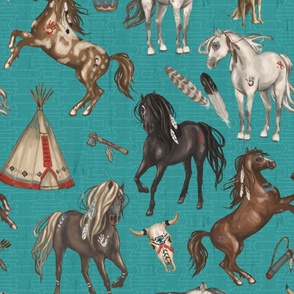 Native American Horses, Indian Ponies, Teepee, wolf, cow skull, arrow, feathers, on Dark Turquoise Blue, Large Scale