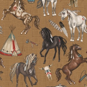 Native American Horses, Indian Ponies, Teepee, wolf, cow skull, arrow, feathers, on Medium Brown, Large Scale