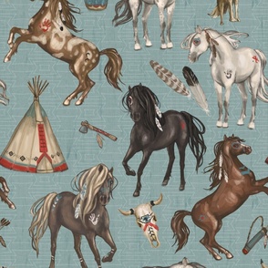 Native American Horses, Indian Ponies, Teepee, wolf, cow skull, arrow, feathers, on Warm Aquamarine Blue, Large Scale