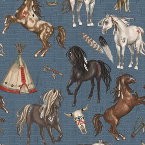 Native American Horses, Indian Ponies, Teepee, wolf, cow skull, arrow, feathers, on Dark Slate Blue, Large Scale