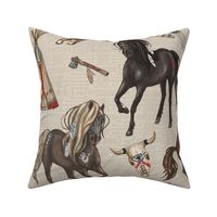 Native American Horses, Indian Ponies, Teepee, wolf, cow skull, arrow, feathers, on Parchement Tan, Large Scale