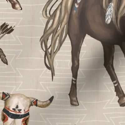 Native American Horses, Indian Ponies, Teepee, wolf, cow skull, arrow, feathers, on Parchement Tan, Large Scale