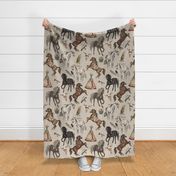Native American Horses, Indian Ponies, Teepee, wolf, cow skull, arrow, feathers, on Parchement Tan, Large Scale