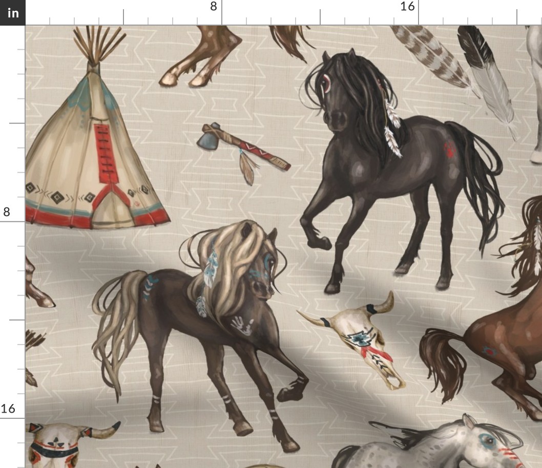 Native American Horses, Indian Ponies, Teepee, wolf, cow skull, arrow, feathers, on Parchement Tan, Large Scale