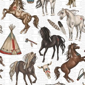 Native American Horses, Indian Ponies, Teepee, wolf, cow skull, arrow, feathers, on White, Large Scale