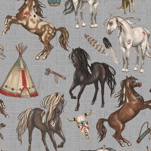 Native American Horses, Indian Ponies, Teepee, wolf, cow skull, arrow, feathers, on Gray, Large Scale