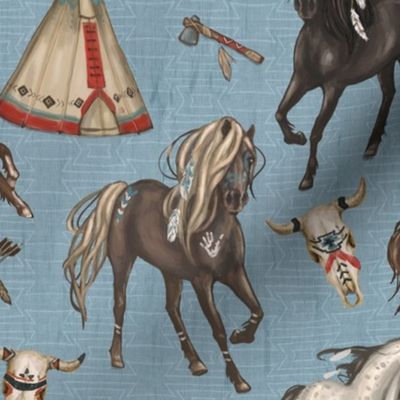Native American Horses, Indian Ponies, Teepee, wolf, cow skull, arrow, feathers, on Denim Blue, Medium Scale