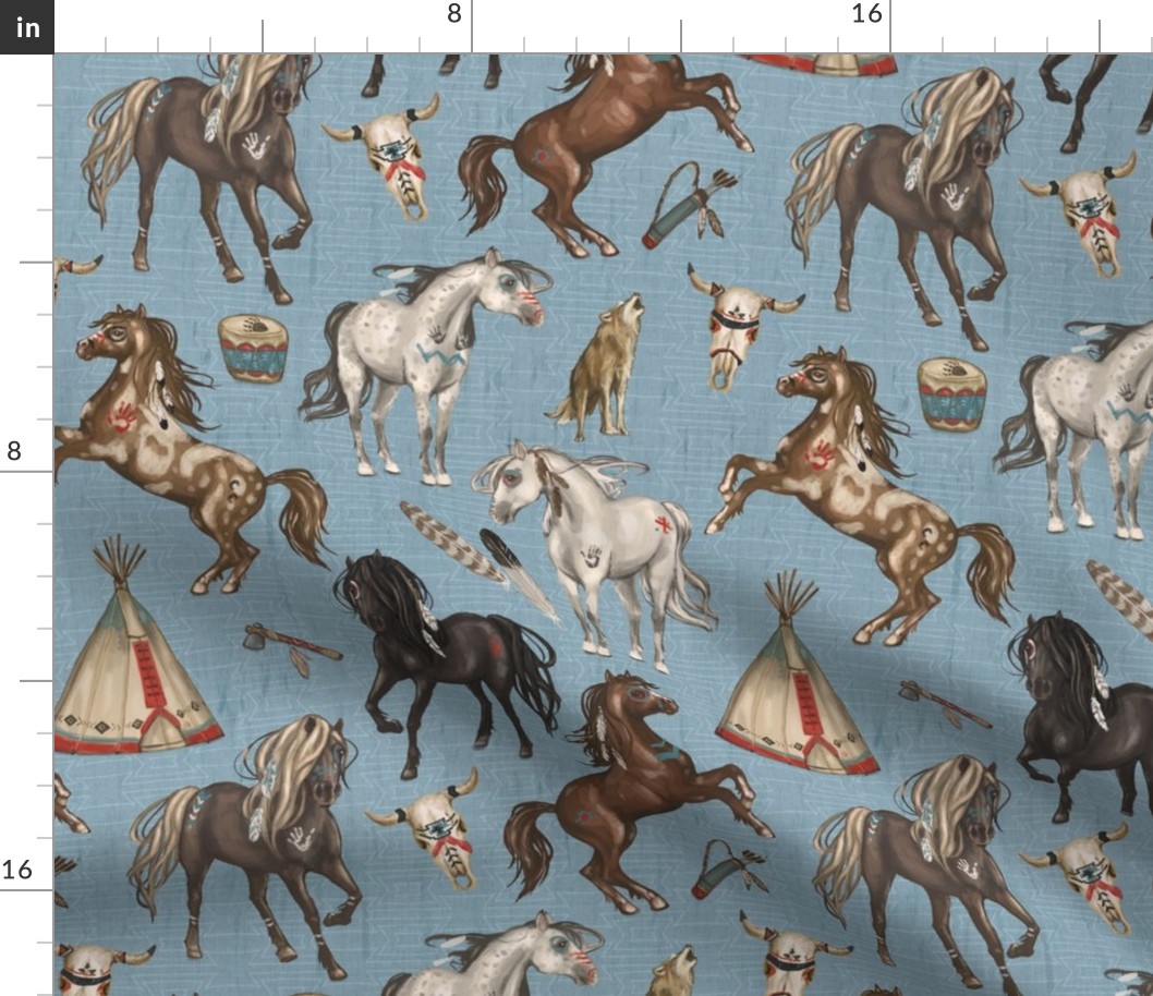Native American Horses, Indian Ponies, Teepee, wolf, cow skull, arrow, feathers, on Denim Blue, Medium Scale