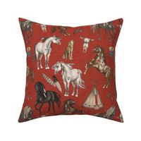 Native American Horses, Indian Ponies, Teepee, wolf, cow skull, arrow, feathers, on Barn Red, Medium Scale
