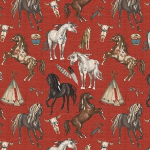 Native American Horses, Indian Ponies, Teepee, wolf, cow skull, arrow, feathers, on Barn Red, Medium Scale