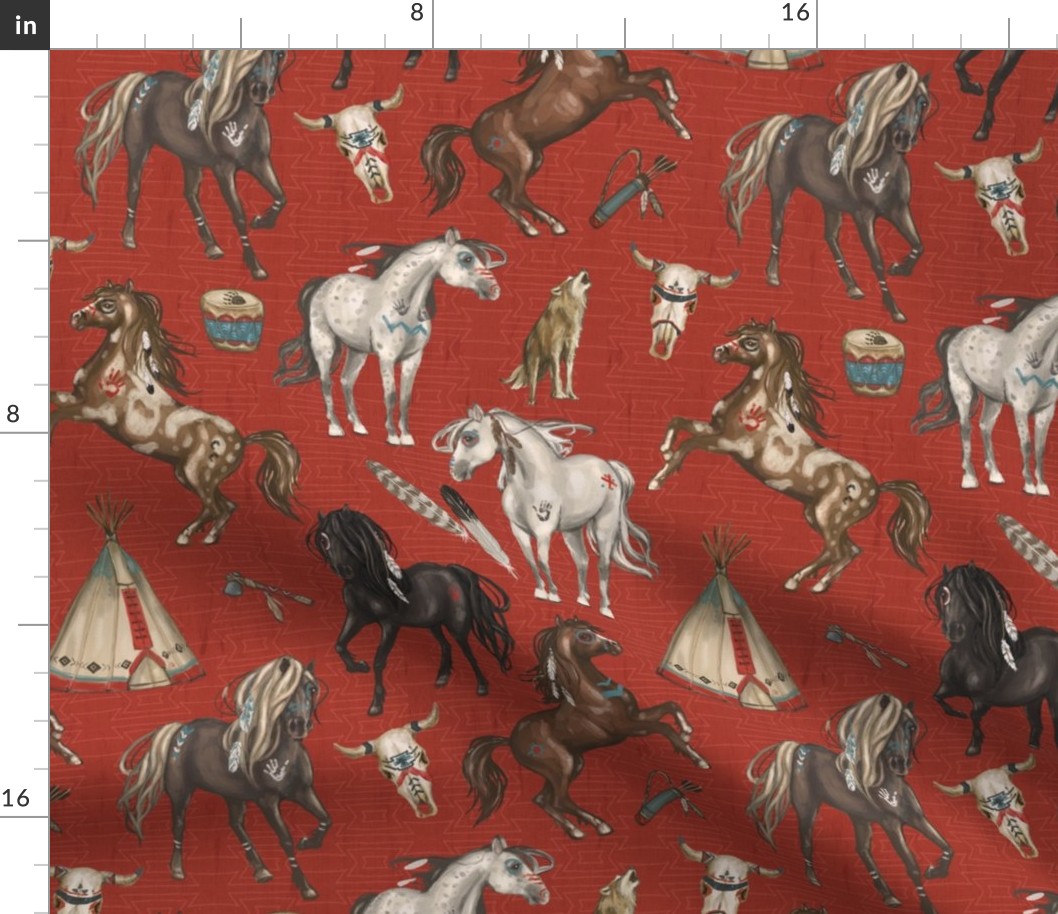 Native American Horses, Indian Ponies, Teepee, wolf, cow skull, arrow, feathers, on Barn Red, Medium Scale