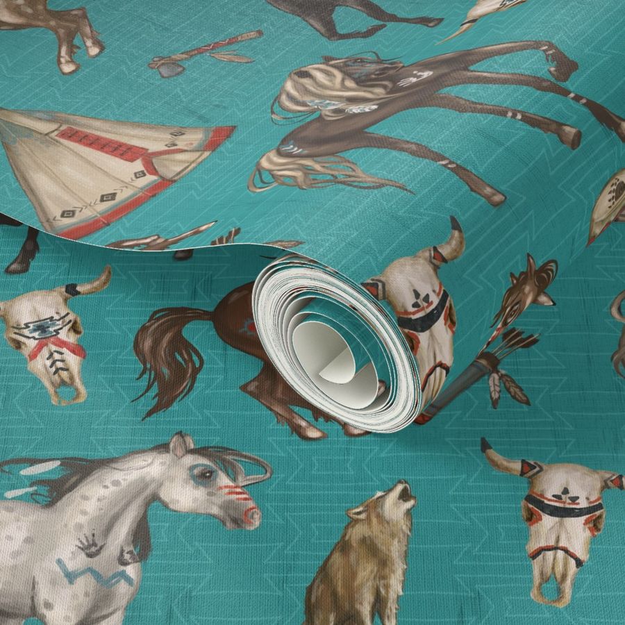 Native American Horses, Indian Ponies, Teepee, wolf, cow skull, arrow, feathers, on Dark Turquoise Blue, Medium Scale