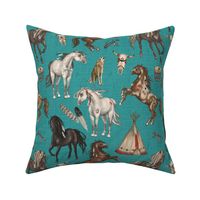 Native American Horses, Indian Ponies, Teepee, wolf, cow skull, arrow, feathers, on Dark Turquoise Blue, Medium Scale