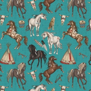 Native American Horses, Indian Ponies, Teepee, wolf, cow skull, arrow, feathers, on Dark Turquoise Blue, Medium Scale