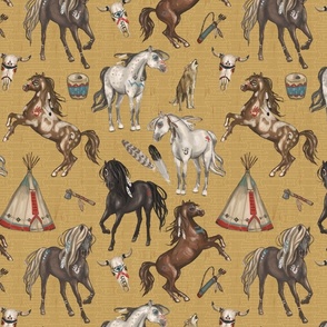 Native American Horses, Indian Ponies, Teepee, wolf, cow skull, arrow, feathers, on Camel Golden Yellow, Medium Scale