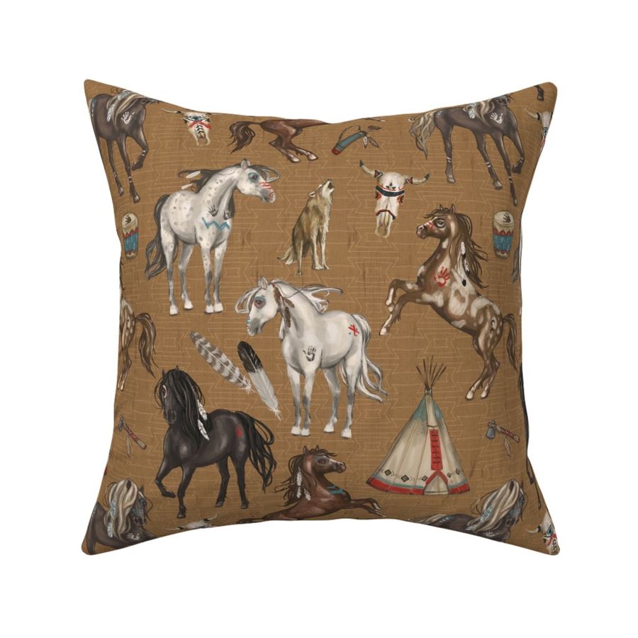 Native American Horses, Indian Ponies, Teepee, wolf, cow skull, arrow, feathers, on Brown, Medium Scale