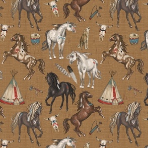 Native American Horses, Indian Ponies, Teepee, wolf, cow skull, arrow, feathers, on Brown, Medium Scale