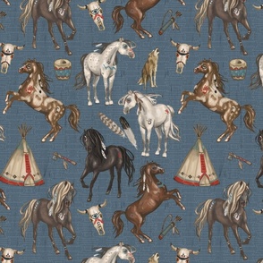 Native American Horses, Indian Ponies, Teepee, wolf, cow skull, arrow, feathers, on Dark Slate Blue, Medium Scale