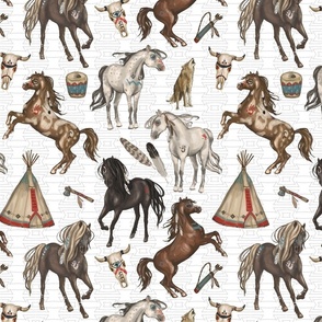 Native American Horses, Indian Ponies, Teepee, wolf, cow skull, arrow, feathers, on White, Medium Scale