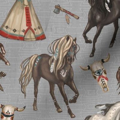 Native American Horses, Indian Ponies, Teepee, wolf, cow skull, arrow, feathers, on Gray, Medium Scale