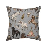 Native American Horses, Indian Ponies, Teepee, wolf, cow skull, arrow, feathers, on Gray, Medium Scale