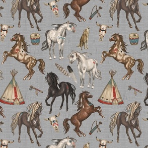 Native American Horses, Indian Ponies, Teepee, wolf, cow skull, arrow, feathers, on Gray, Medium Scale