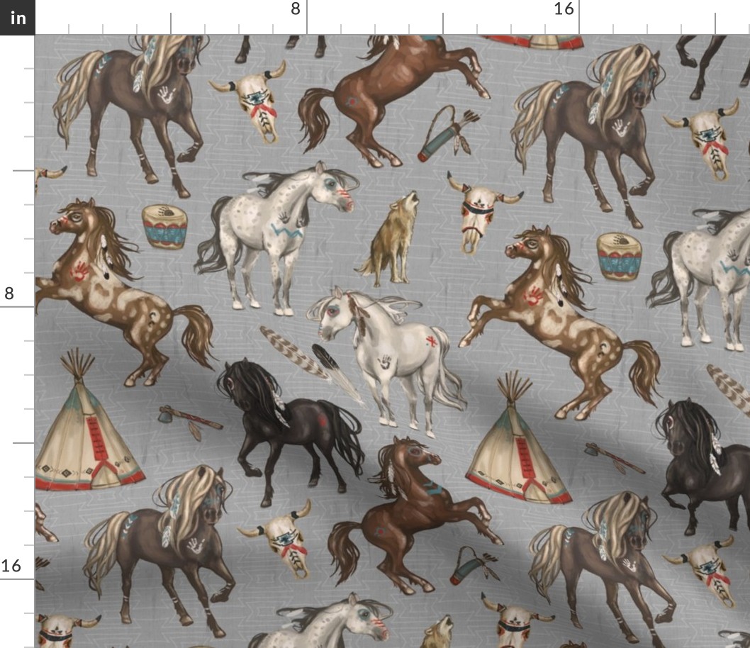 Native American Horses, Indian Ponies, Teepee, wolf, cow skull, arrow, feathers, on Gray, Medium Scale