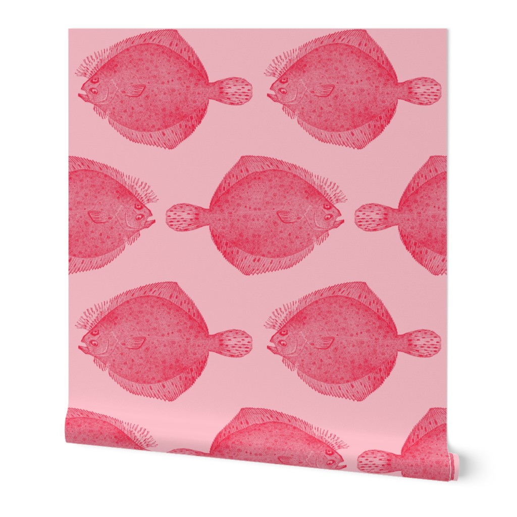 Vintage looking Illustration Flounder - Red on Pink