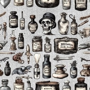 Spooky Elixir Collection: Vintage Dark Apothecary Bottles, Skulls, Halloween Theme on Gray Small