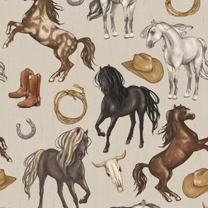 Wild Mustang Horses on Parchment Tan, Cowboy Hats and Boots, Lasso, Horse Shoe, Cow Skull, Medium Scale