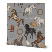 Wild Mustang Horses on Gray, Cowboy Hats and Boots, Lasso, Horse Shoe, Cow Skull, Large Scale