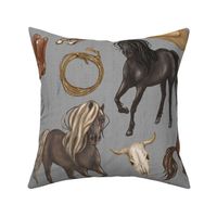 Wild Mustang Horses on Gray, Cowboy Hats and Boots, Lasso, Horse Shoe, Cow Skull, Large Scale