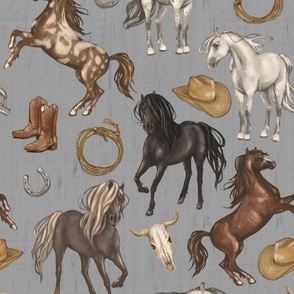 Wild Mustang Horses on Gray, Cowboy Hats and Boots, Lasso, Horse Shoe, Cow Skull, Large Scale