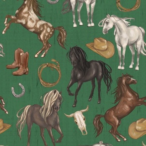 Wild Mustang Horses on Dark Green, Cowboy Hats and Boots, Lasso, Horse Shoe, Cow Skull, Large Scale