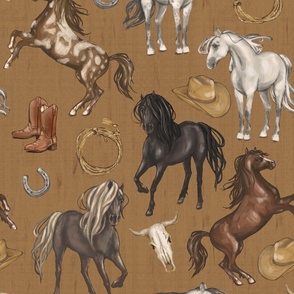 Wild Mustang Horses on Medium Warm Brown Cowboy Hats and Boots, Lasso, Horse Shoe, Cow Skull, Large Scale