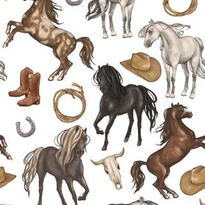 Wild Mustang Horses on White, Cowboy Hats and Boots, Lasso, Horse Shoe, Cow Skull, Large Scale