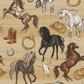 Wild Mustang Horses on Yellow Sandstone, Cowboy Hats and Boots, Lasso, Horse Shoe, Cow Skull, Large Scale