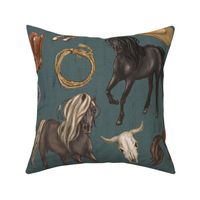 Wild Mustang Horses on Dark Teal Blue, Cowboy Hats and Boots, Lasso, Horse Shoe, Cow Skull, Large Scale