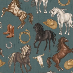 Wild Mustang Horses on Dark Teal Blue, Cowboy Hats and Boots, Lasso, Horse Shoe, Cow Skull, Large Scale