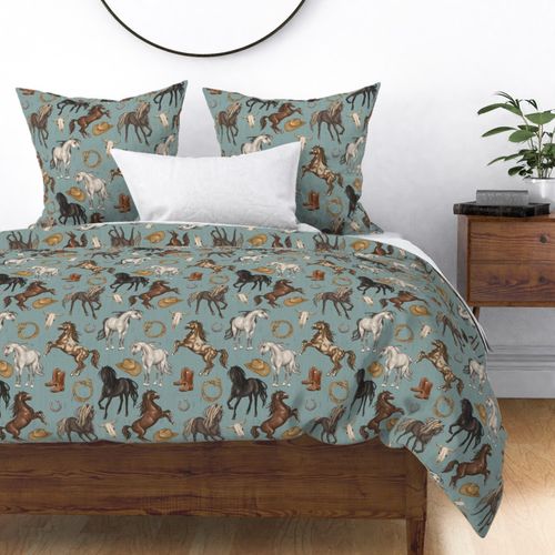 Wild Mustang Horses on Warm Blue, Cowboy Fabric | Spoonflower